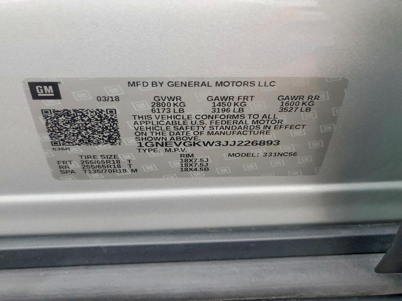 Aukcja sprzedaży 2018 Chevrolet Traverse, vin: 1GNEVGKW3JJ226893, numer aukcji: 71265736