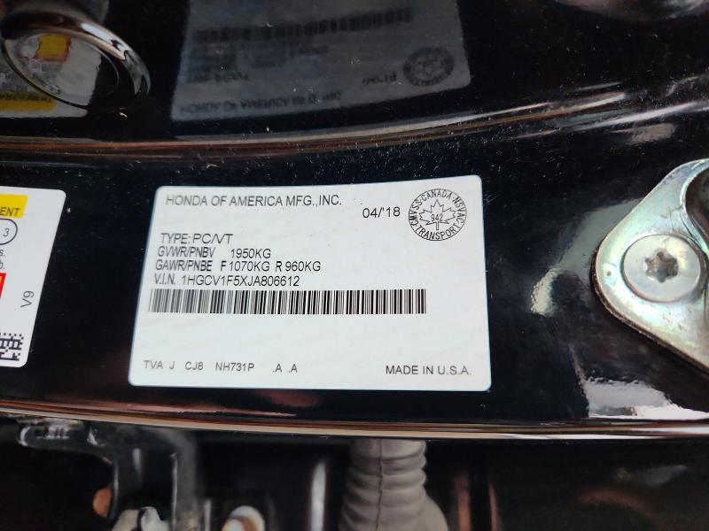 65036286 :رقم المزاد ، 1HGCV1F5XJA806612 vin ، 2018 Honda Accord مزاد بيع