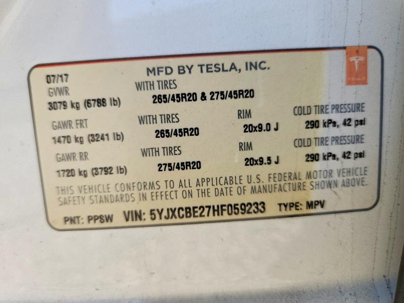 59411156 :رقم المزاد ، 5YJXCBE27HF059233 vin ، 2017 Tesla Model X مزاد بيع