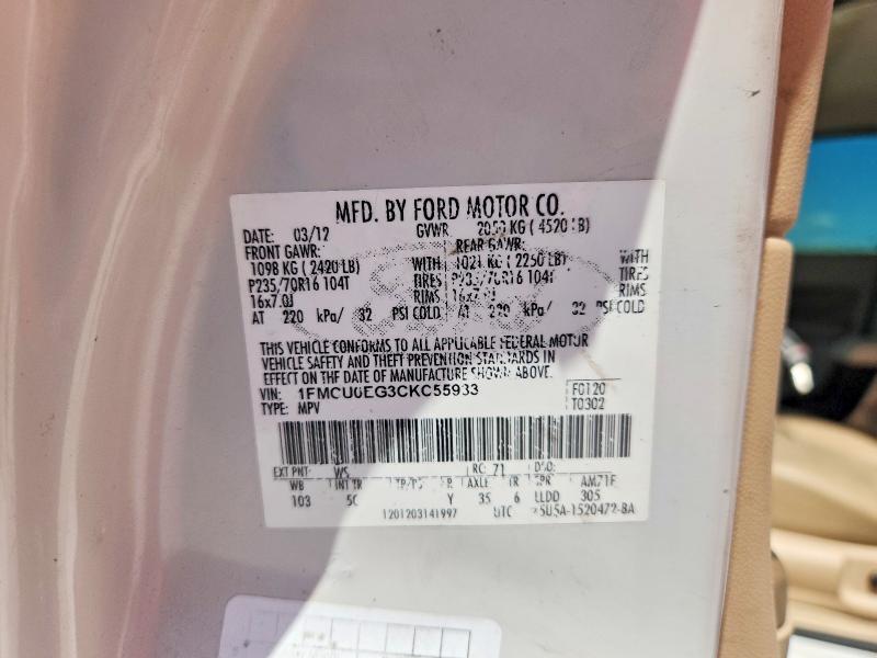 Продаж на аукціоні авто 2012 Ford Escape, vin: 1FMCU0EG3CKC55933, номер лоту: 68681996