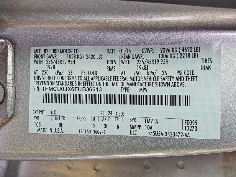 68246186 :رقم المزاد ، 1FMCU0JX6FUB36613 vin ، 2015 Ford Escape مزاد بيع