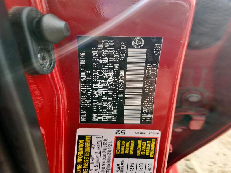 2019 Toyota Camry მანქანა იყიდება აუქციონზე, vin: 4T1B11HK1KU176886, აუქციონის ნომერი: 67632866