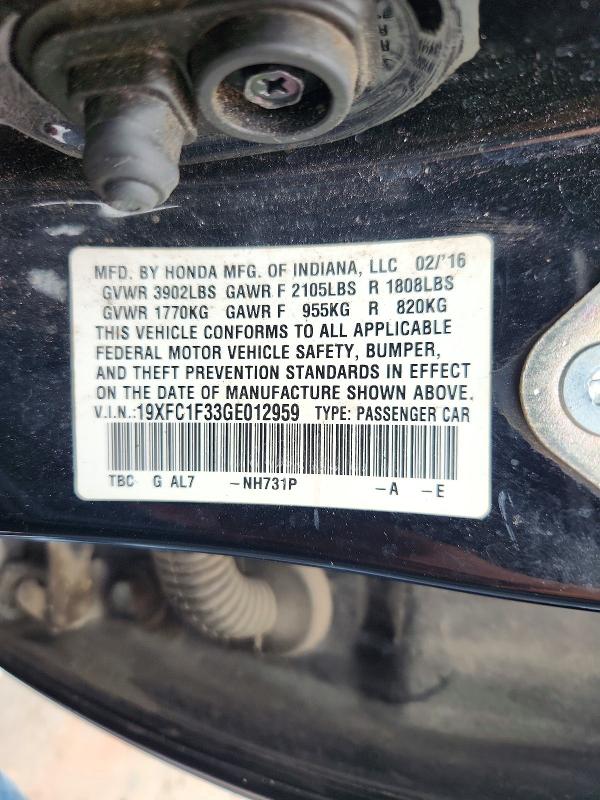 Продажа на аукционе авто 2016 Honda Civic, vin: 19XFC1F33GE012959, номер лота: 69637686