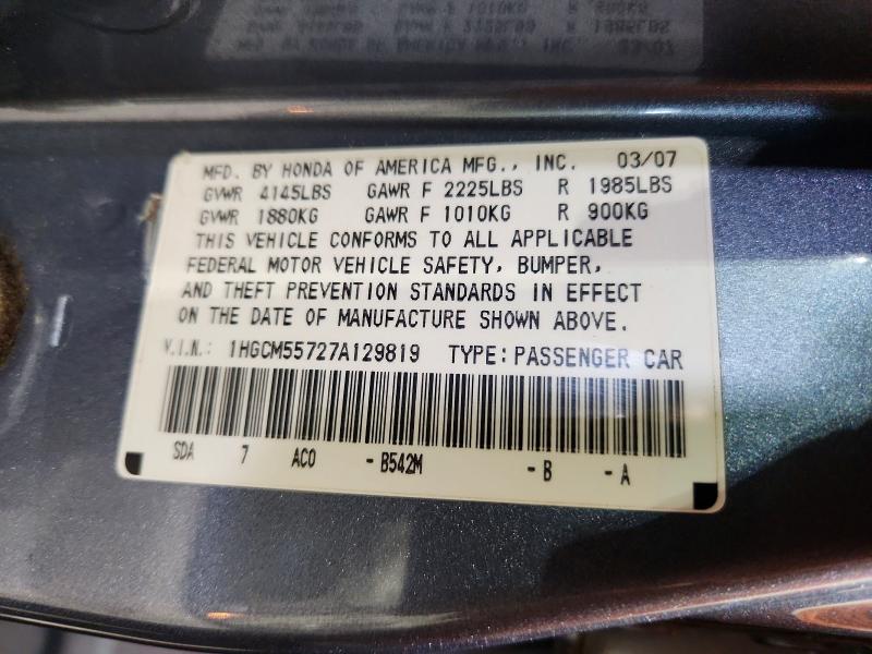 2007 Honda Accord მანქანა იყიდება აუქციონზე, vin: 1HGCM55727A129819, აუქციონის ნომერი: 70730786