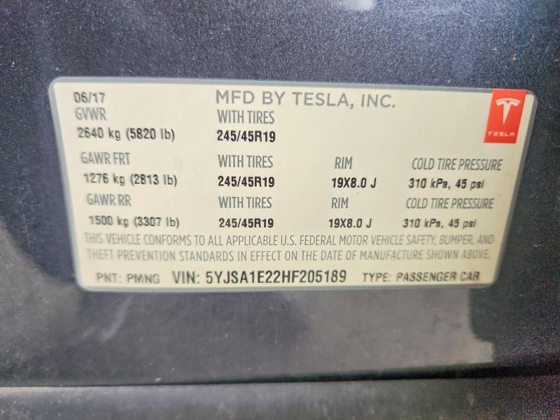 Продаж на аукціоні авто 2017 Tesla Model S, vin: 5YJSA1E22HF205189, номер лоту: 69825166
