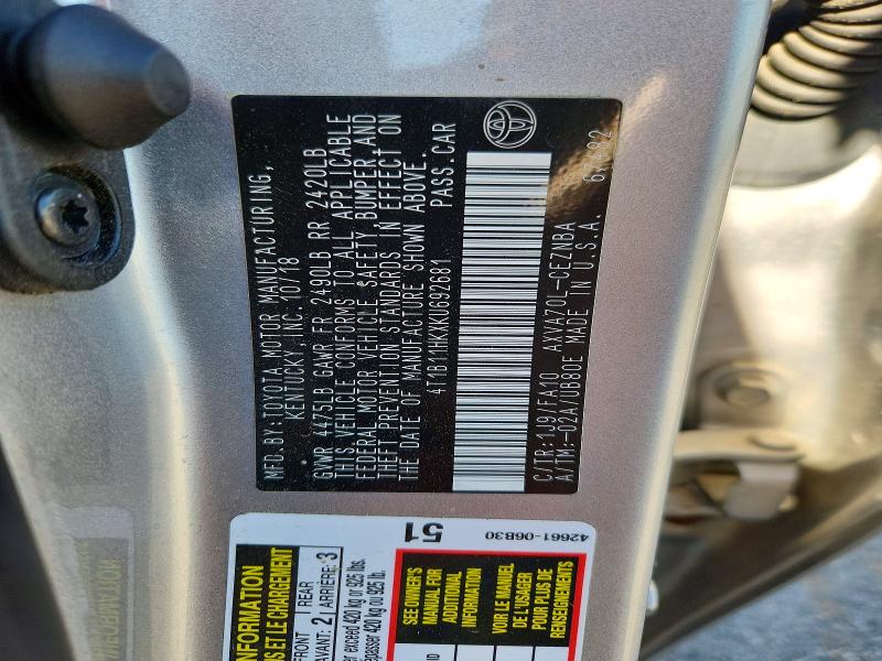 67785566 :رقم المزاد ، 4T1B11HKXKU692681 vin ، 2019 Toyota Camry مزاد بيع