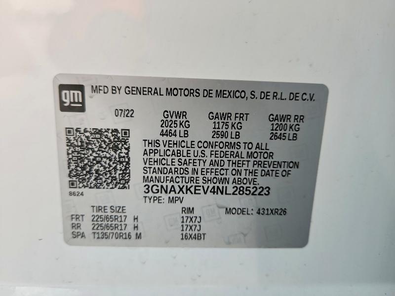2022 Chevrolet Equinox მანქანა იყიდება აუქციონზე, vin: 3GNAXKEV4NL285223, აუქციონის ნომერი: 67711556