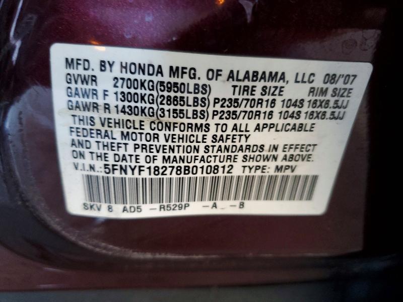 2008 Honda Pilot მანქანა იყიდება აუქციონზე, vin: 5FNYF18278B010812, აუქციონის ნომერი: 70328376