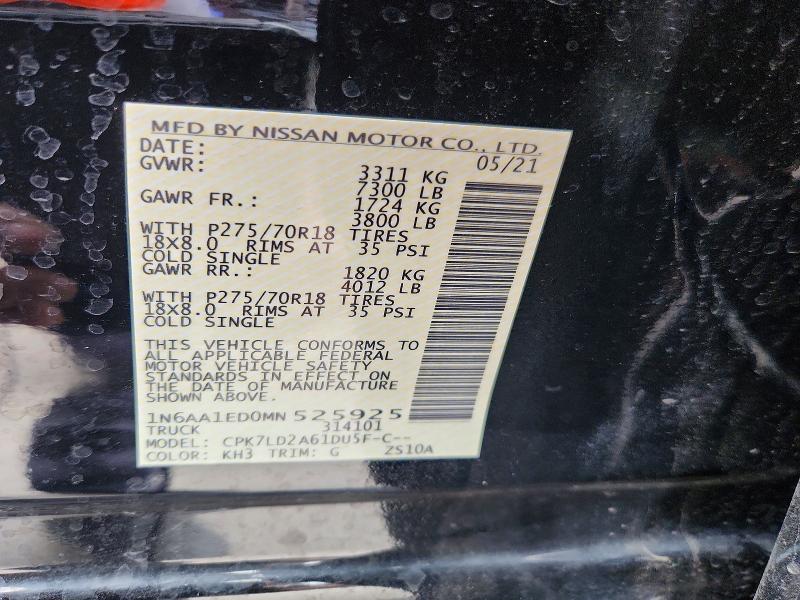 70004976 :رقم المزاد ، 1N6AA1ED0MN525925 vin ، 2021 Nissan Titan مزاد بيع