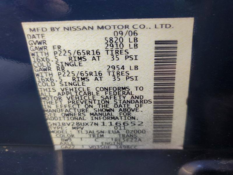 Auction sale of the 2007 Nissan Quest, vin: 5N1BV28UX7N116652, lot number: 68848776