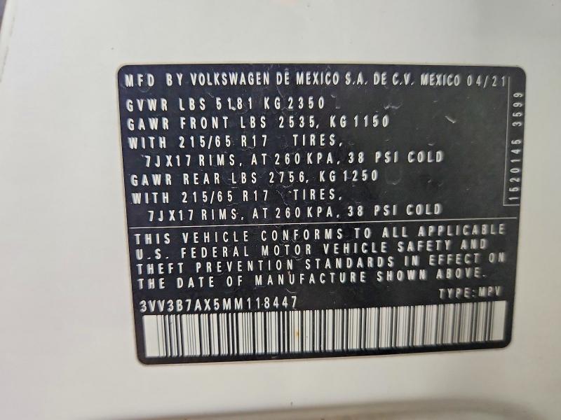 Продаж на аукціоні авто 2021 Volkswagen Tiguan, vin: 3VV3B7AX5MM118447, номер лоту: 69209776