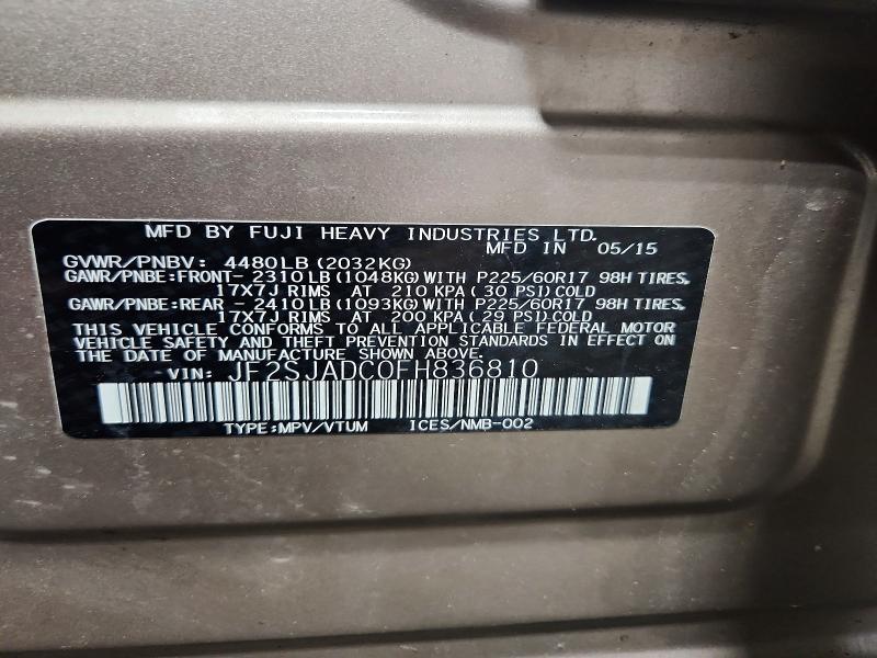 2015 Subaru Forester მანქანა იყიდება აუქციონზე, vin: JF2SJADC0FH836810, აუქციონის ნომერი: 70796956
