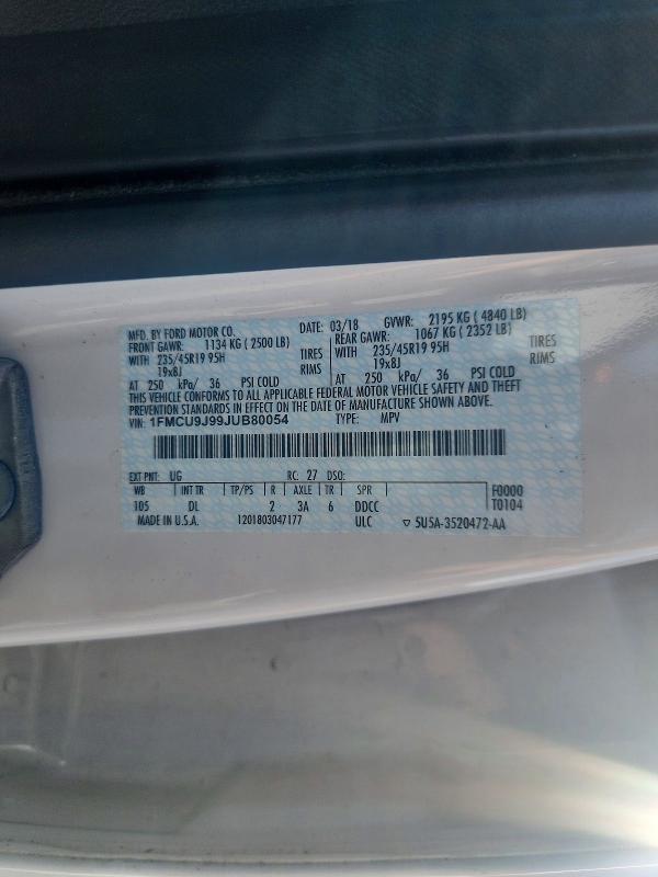 2018 Ford Escape მანქანა იყიდება აუქციონზე, vin: 1FMCU9J99JUB80054, აუქციონის ნომერი: 68260196