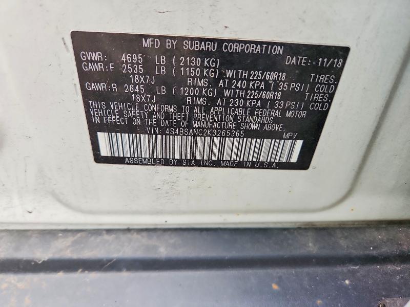 70013606 :رقم المزاد ، 4S4BSANC2K3265365 vin ، 2019 Subaru Outback مزاد بيع