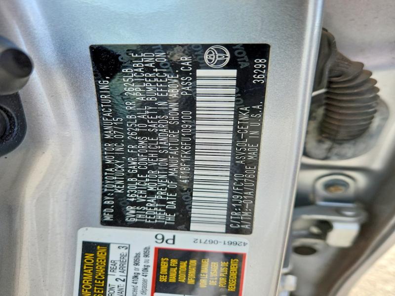 2015 Toyota Camry მანქანა იყიდება აუქციონზე, vin: 4T1BF1FK6FU109100, აუქციონის ნომერი: 68411096