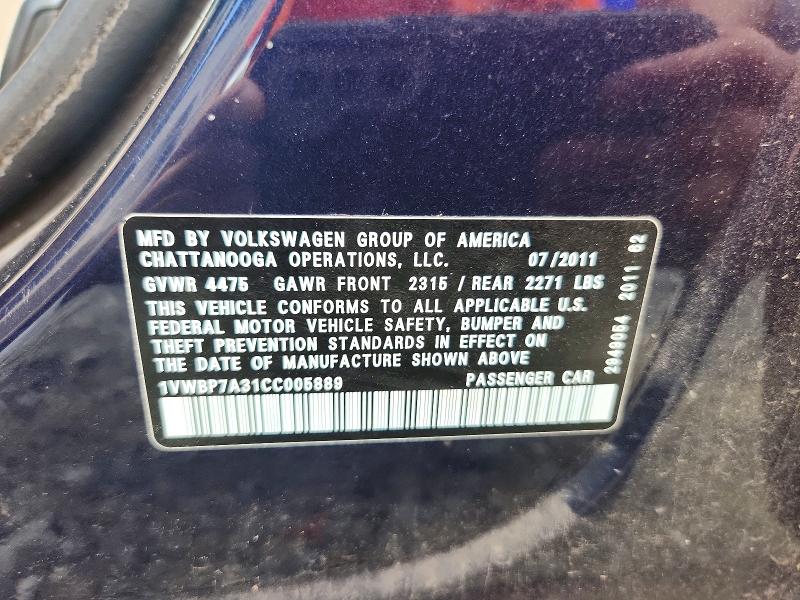 Aukcja sprzedaży 2012 Volkswagen Passat, vin: 1VWBP7A31CC005889, numer aukcji: 68828256