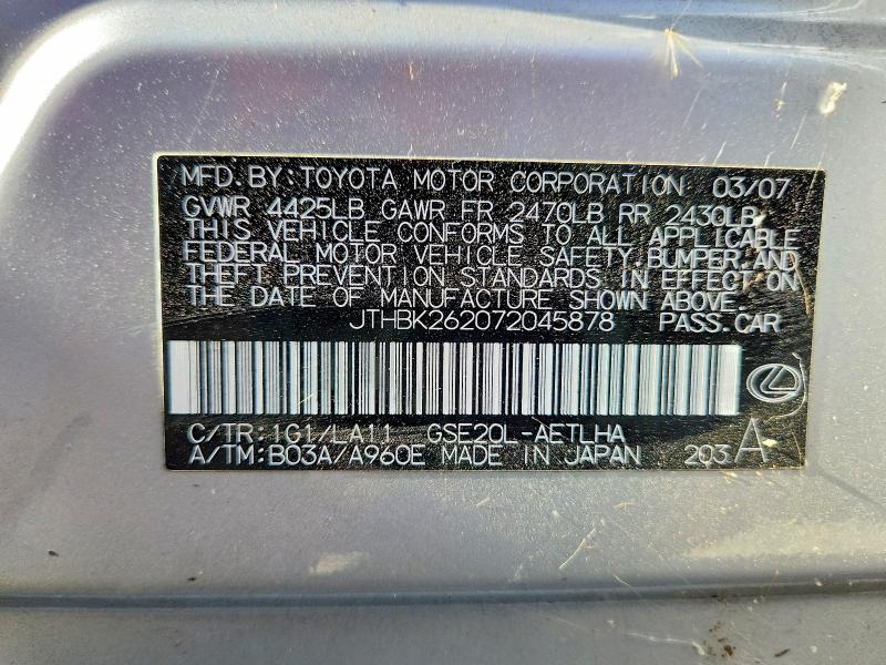 70110546 :رقم المزاد ، JTHBK262072045878 vin ، 2007 Lexus Is 250 مزاد بيع