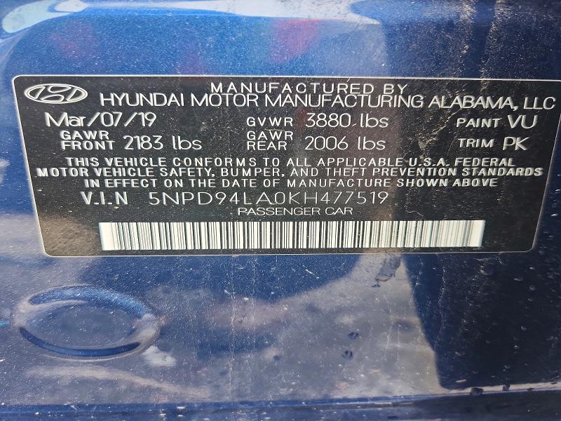 2019 Hyundai Elantra მანქანა იყიდება აუქციონზე, vin: 5NPD94LA0KH477519, აუქციონის ნომერი: 67233236