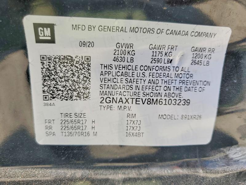 2021 Chevrolet Equinox მანქანა იყიდება აუქციონზე, vin: 2GNAXTEV8M6103239, აუქციონის ნომერი: 67714236