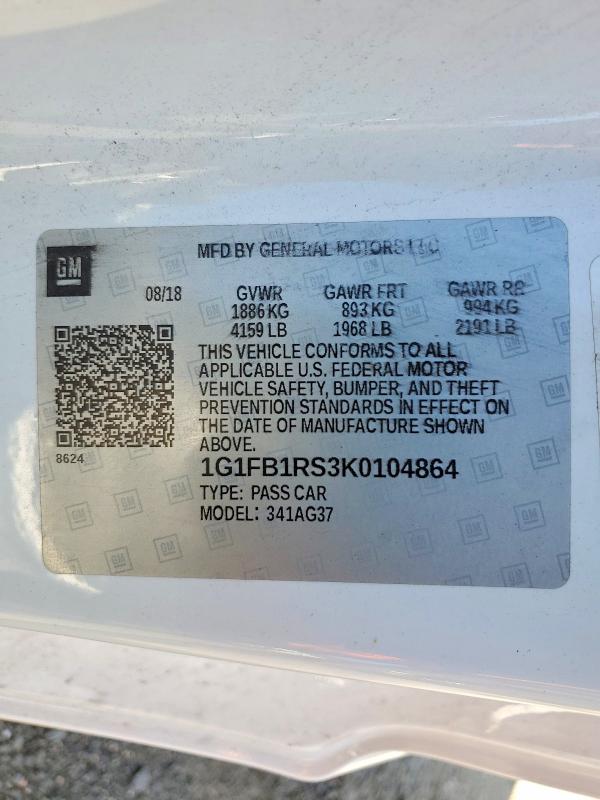 2019 Chevrolet Camaro მანქანა იყიდება აუქციონზე, vin: 1G1FB1RS3K0104864, აუქციონის ნომერი: 68617676