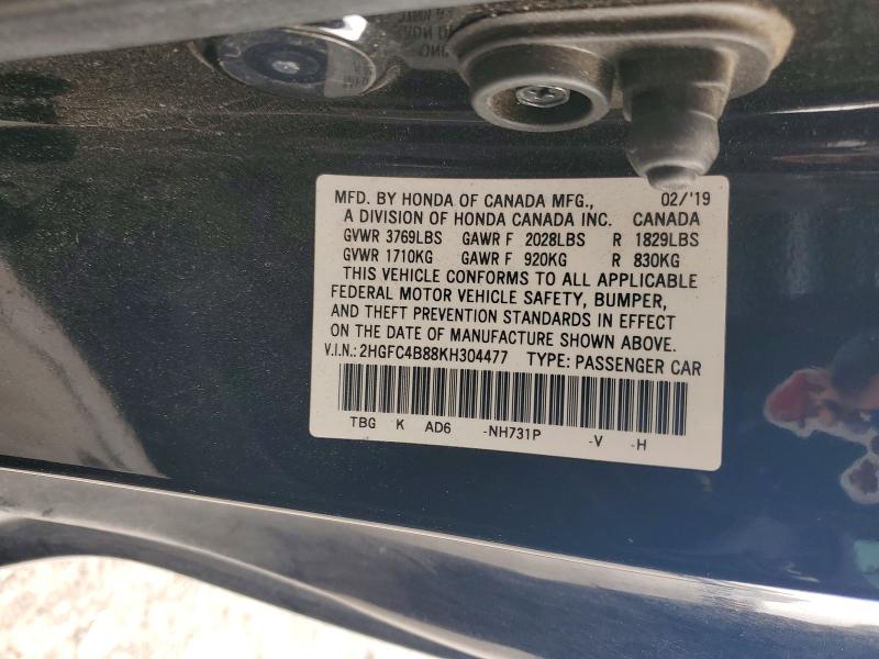 2019 Honda Civic მანქანა იყიდება აუქციონზე, vin: 2HGFC4B88KH304477, აუქციონის ნომერი: 70029356