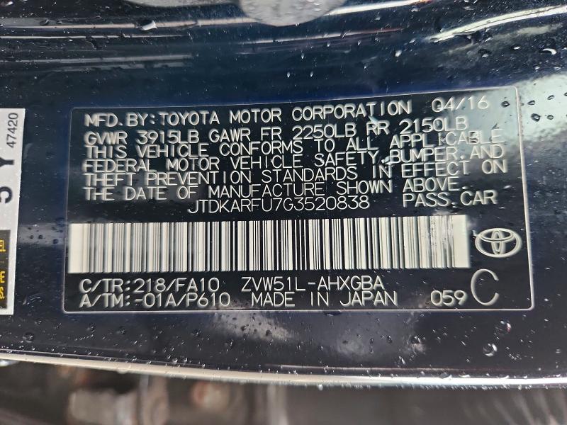 2016 Toyota Prius მანქანა იყიდება აუქციონზე, vin: JTDKARFU7G3520838, აუქციონის ნომერი: 70937726