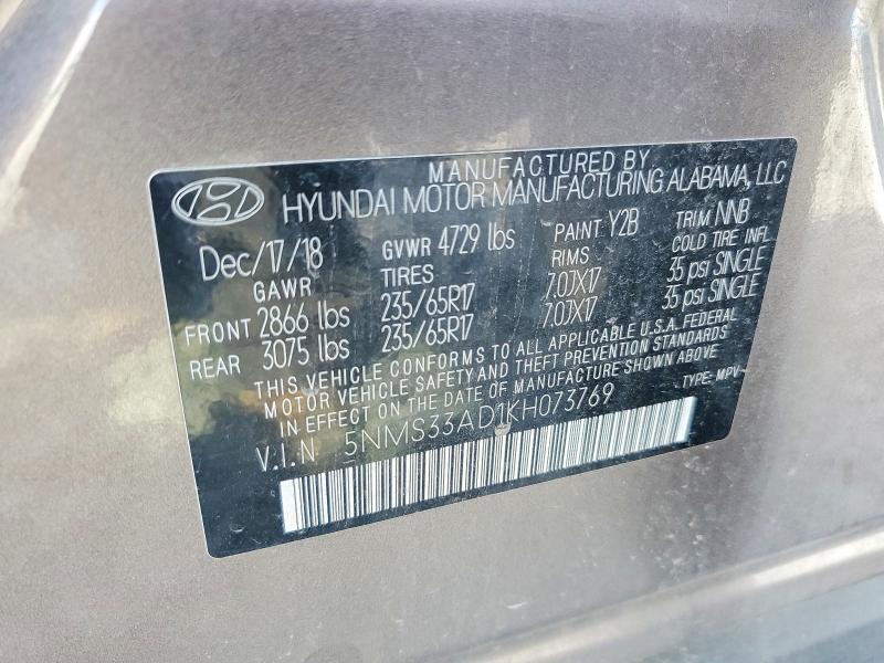 67689426 :رقم المزاد ، 5NMS33AD1KH073769 vin ، 2019 Hyundai Santa Fe مزاد بيع