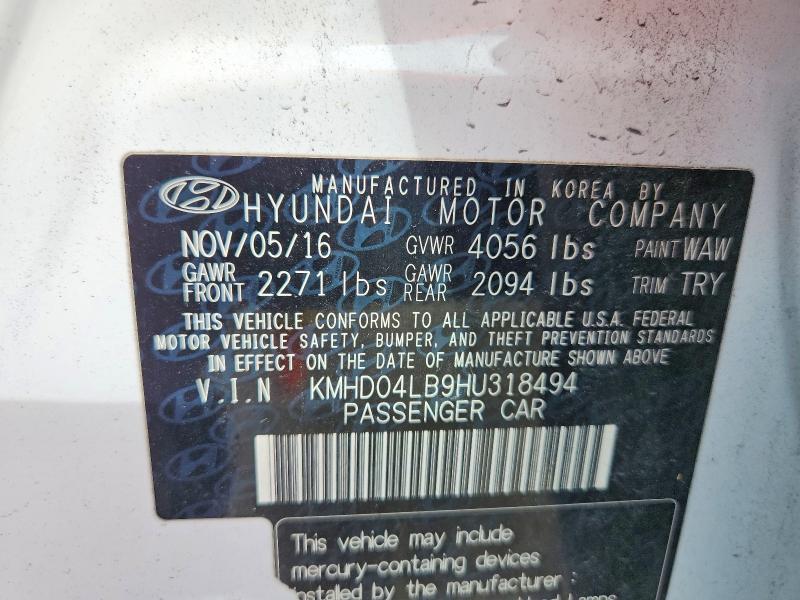 2017 Hyundai Elantra მანქანა იყიდება აუქციონზე, vin: KMHD04LB9HU318494, აუქციონის ნომერი: 71009516