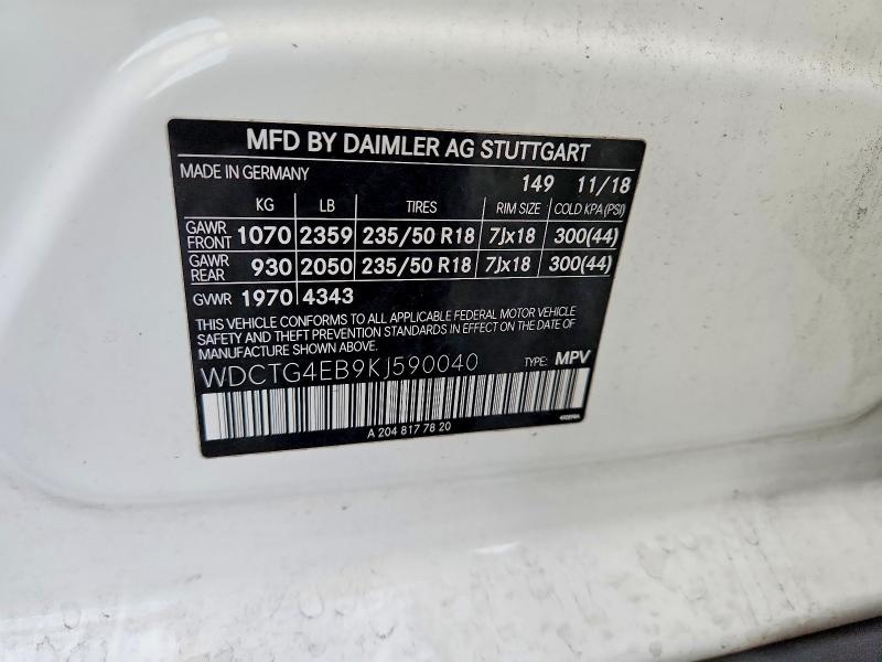 2019 Mercedes-benz Gla მანქანა იყიდება აუქციონზე, vin: WDCTG4EB9KJ590040, აუქციონის ნომერი: 70340176