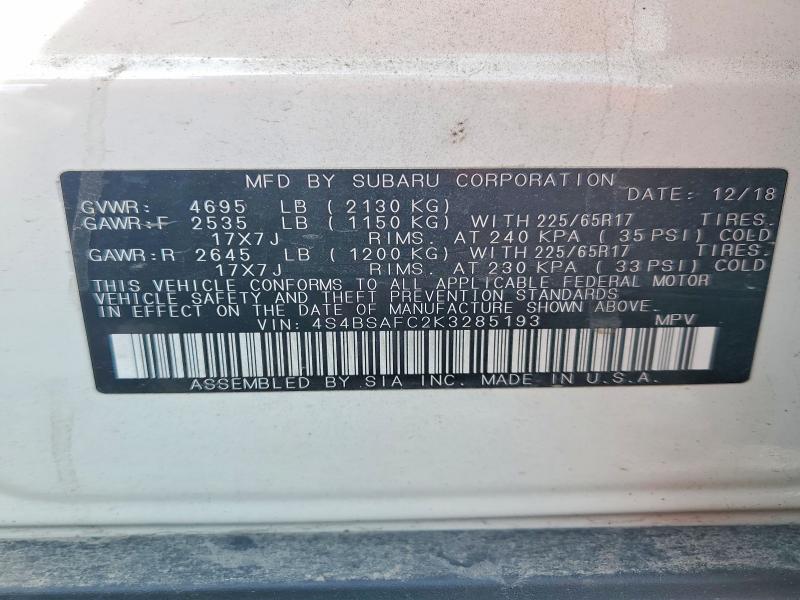 69073226 :رقم المزاد ، 4S4BSAFC2K3285193 vin ، 2019 Subaru Outback مزاد بيع