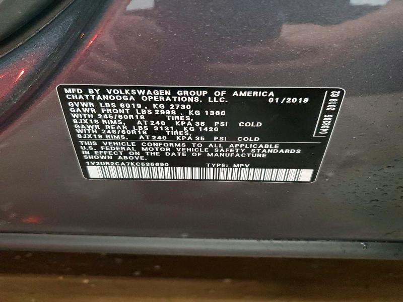 Auction sale of the 2019 Volkswagen Atlas, vin: 1V2UR2CA7KC535690, lot number: 68358166