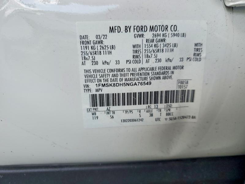 2022 Ford Explorer მანქანა იყიდება აუქციონზე, vin: 1FMSK8DH5NGA76549, აუქციონის ნომერი: 67974406