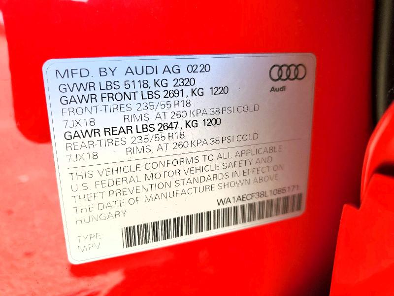 Aukcja sprzedaży 2020 Audi Q3, vin: WA1AECF38L1085171, numer aukcji: 68674406