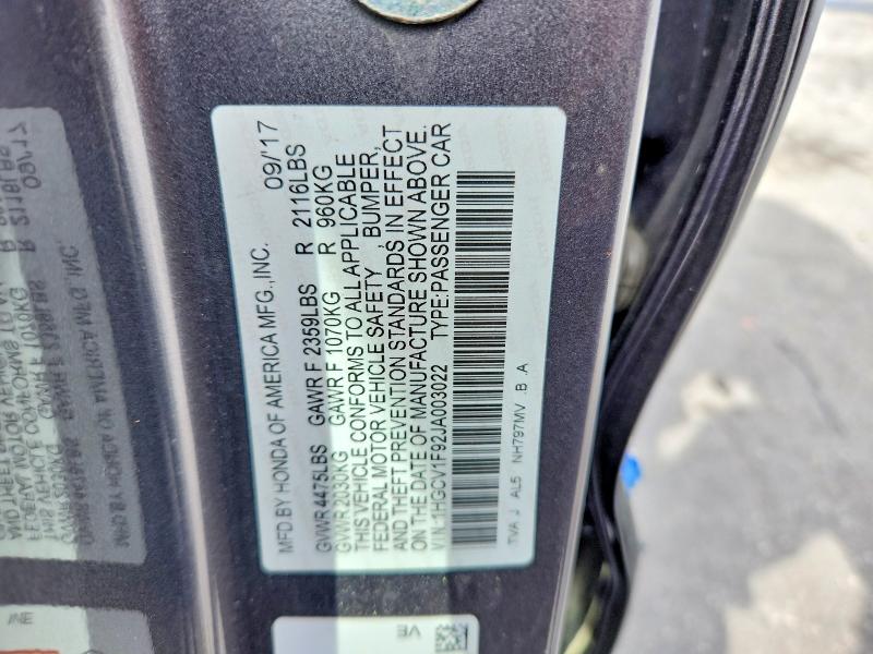 2018 Honda Accord მანქანა იყიდება აუქციონზე, vin: 1HGCV1F92JA003022, აუქციონის ნომერი: 68774756