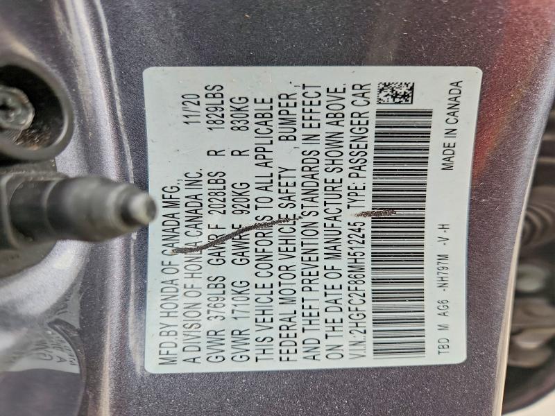 Продажа на аукционе авто 2021 Honda Civic, vin: 2HGFC2F86MH512245, номер лота: 68670306