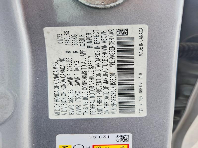 Продажа на аукционе авто 2022 Honda Civic, vin: 2HGFE2F58NH566020, номер лота: 68018566