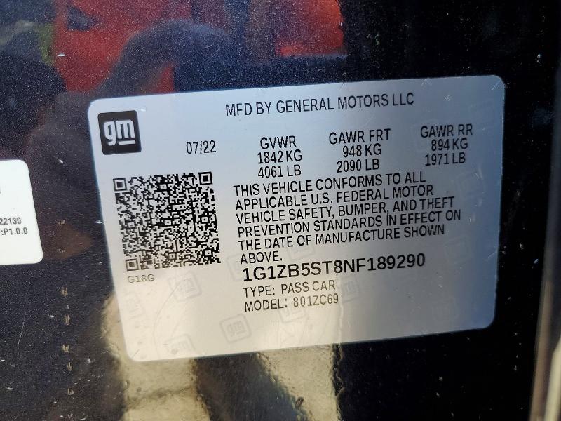 68574466 :رقم المزاد ، 1G1ZB5ST8NF189290 vin ، 2022 Chevrolet Malibu مزاد بيع