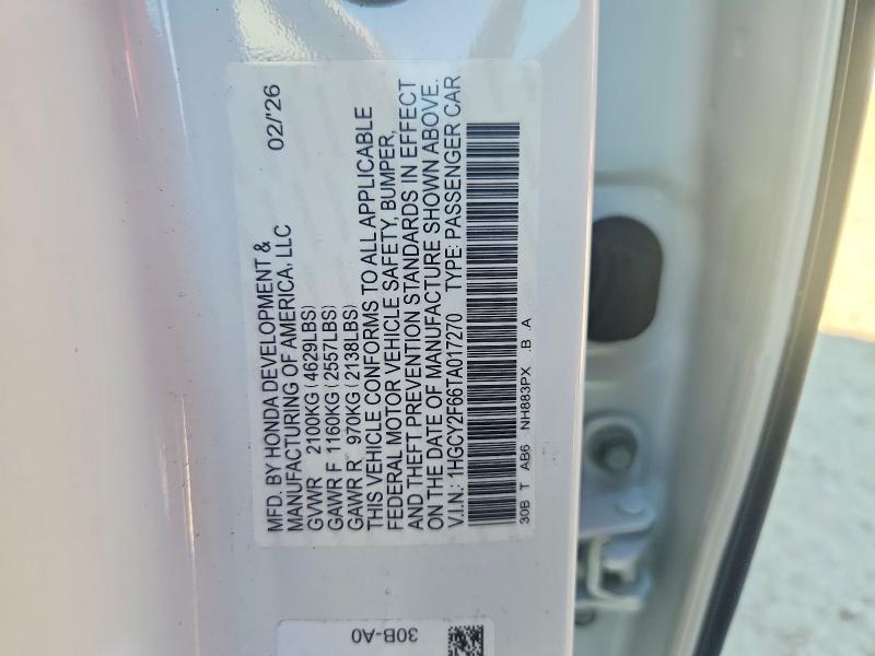 Продажа на аукционе авто 2026 Honda Accord, vin: 1HGCY2F66TA017270, номер лота: 70070166