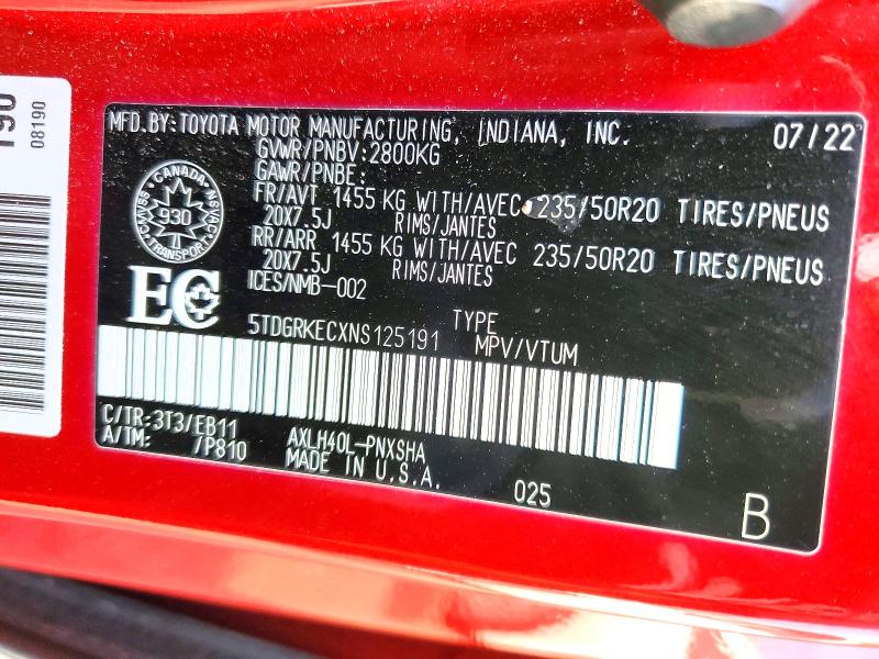 Aukcja sprzedaży 2022 Toyota Sienna, vin: 5TDGRKECXNS125191, numer aukcji: 69864176