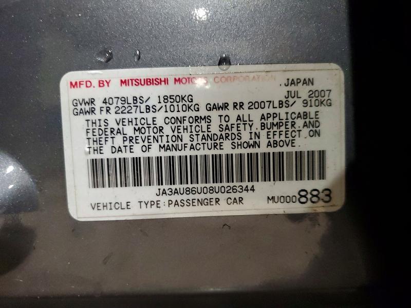 Aukcja sprzedaży 2008 Mitsubishi Lancer, vin: JA3AU86U08U026344, numer aukcji: 67301796