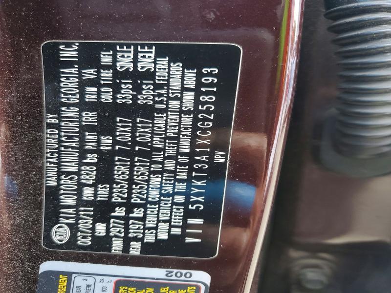 2012 Kia Sorento მანქანა იყიდება აუქციონზე, vin: 5XYKT3A1XCG258193, აუქციონის ნომერი: 69968496