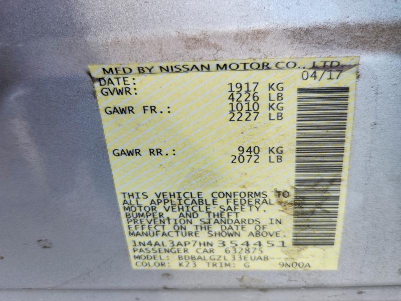 2017 Nissan Altima მანქანა იყიდება აუქციონზე, vin: 1N4AL3AP7HN354451, აუქციონის ნომერი: 69378346