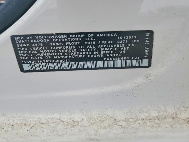 Продажа на аукционе авто 2013 Volkswagen Passat, vin: 1VWBP7A38DC058011, номер лота: 66518376