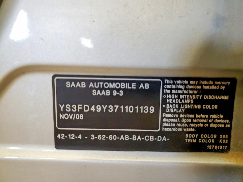 Продаж на аукціоні авто 2007 Saab 9-3, vin: YS3FD49Y371101139, номер лоту: 69127836