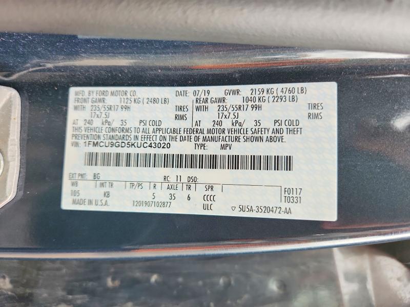 Aukcja sprzedaży 2019 Ford Escape, vin: 1FMCU9GD5KUC43020, numer aukcji: 71203066