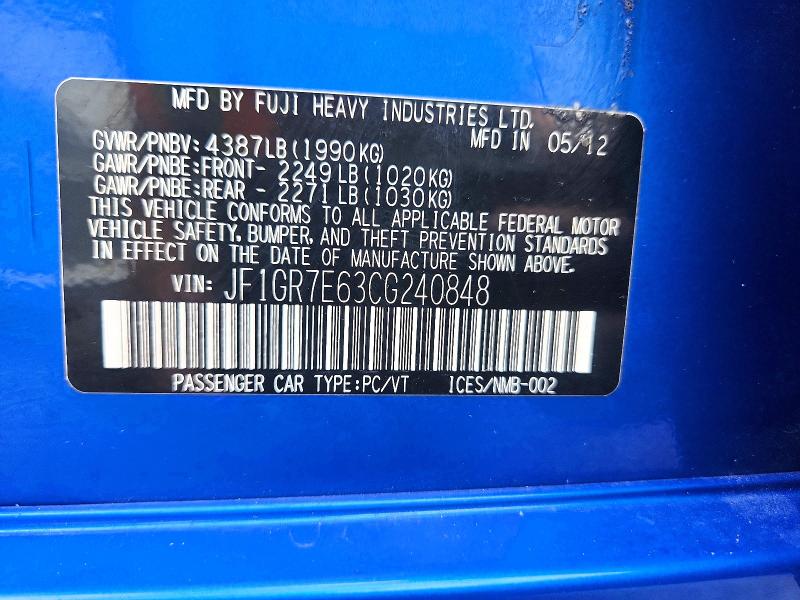 Aukcja sprzedaży 2012 Subaru Impreza, vin: JF1GR7E63CG240848        , numer aukcji: 69152146