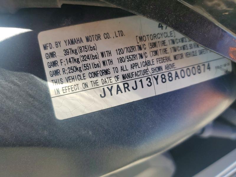 69275046 :رقم المزاد ، JYARJ13Y88A000874 vin ، 2008 Yamaha Fz6 مزاد بيع