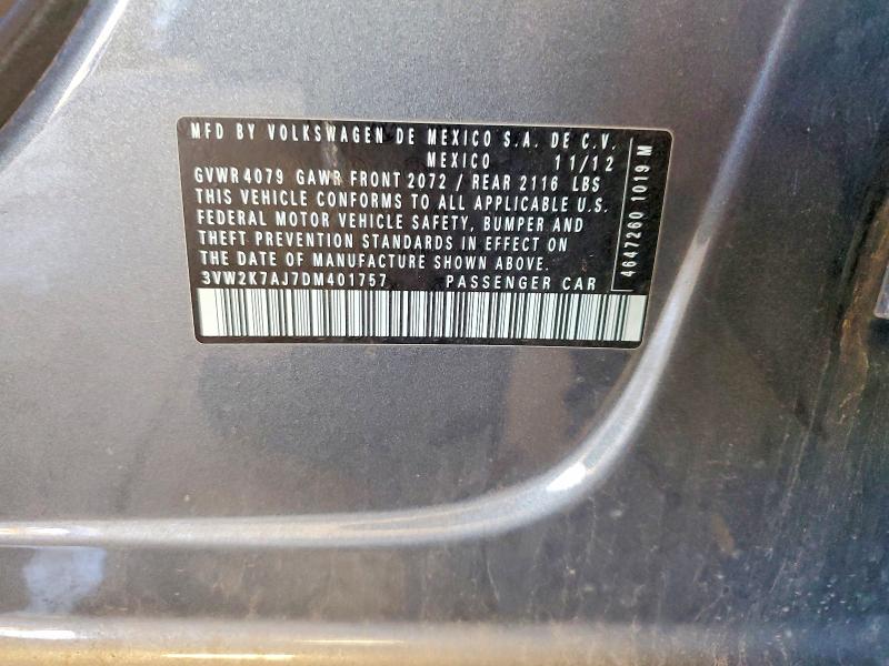 2013 Volkswagen Jetta მანქანა იყიდება აუქციონზე, vin: 3VW2K7AJ7DM401757, აუქციონის ნომერი: 67673286
