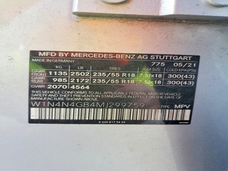 2021 Mercedes-benz Gla მანქანა იყიდება აუქციონზე, vin: W1N4N4GB4MJ299759, აუქციონის ნომერი: 67215526