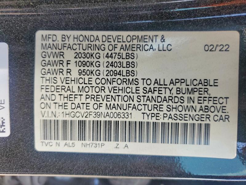 Продаж на аукціоні авто 2022 Honda Accord, vin: 1HGCV2F39NA006331, номер лоту: 67365406